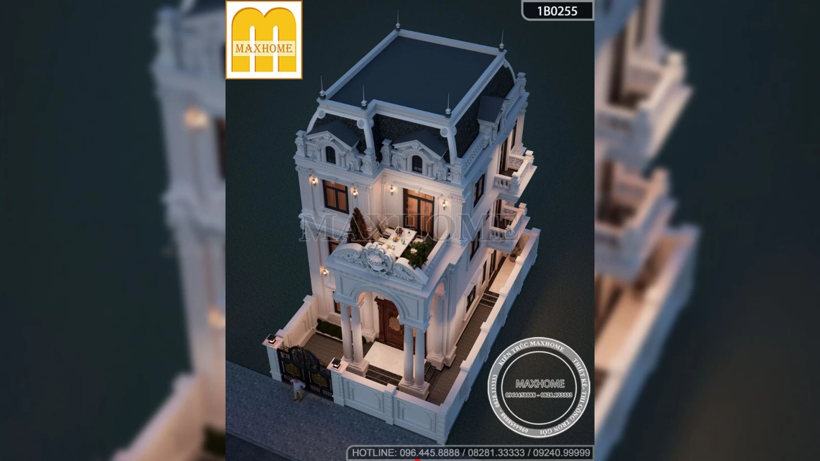 Kiến trúc biệt thự tân cổ điển 4 tầng mái Mansard đồ sộ | MH02926