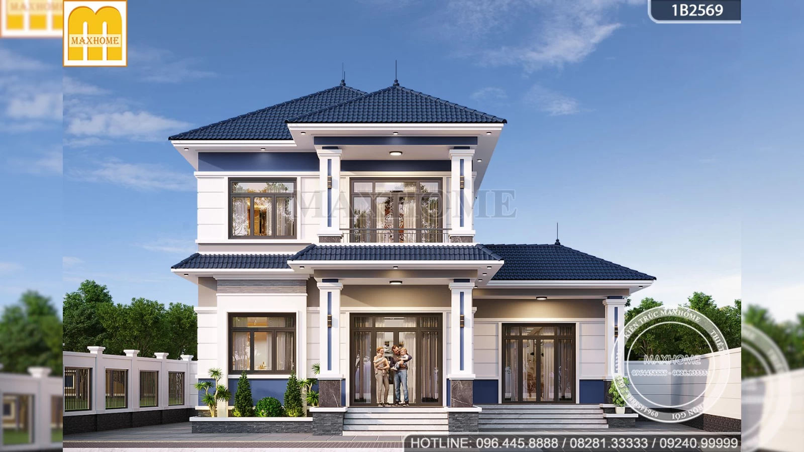 Gợi ý thiết kế nhà 2 tầng mái Nhật mặt tiền rộng 13m có 4 phòng ngủ | MH04717