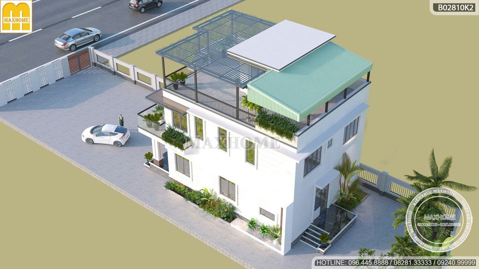 Mẫu thiết kế nhà mái bằng 3 tầng mặt tiền 8m hiện đại ở Lạng Sơn | MH01357
