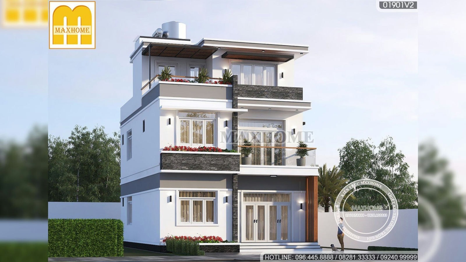 Thiết kế nhà hiện đại 3 tầng mặt tiền 9m HOT nhất Thanh Hoá I MH01758