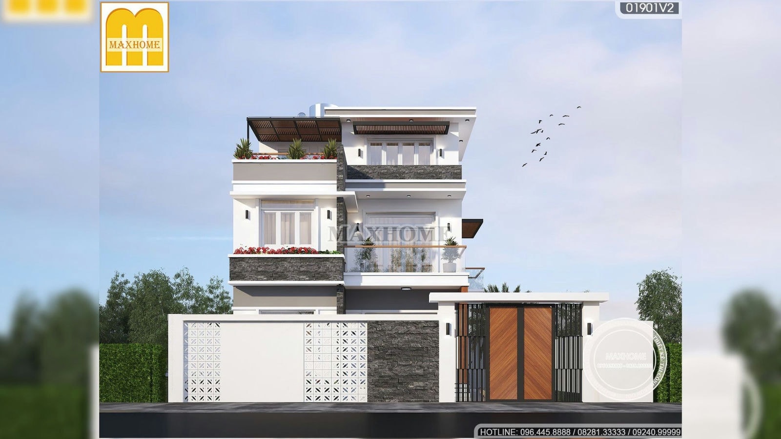 Thiết kế nhà hiện đại 3 tầng mặt tiền 9m HOT nhất Thanh Hoá I MH01758
